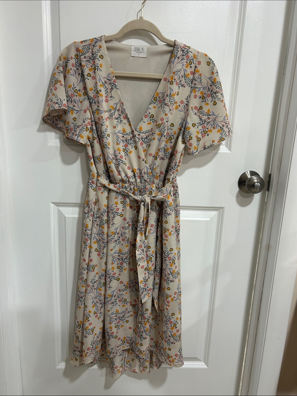 Sienna Sky Beige Floral Asymmetrical Wrap Dress